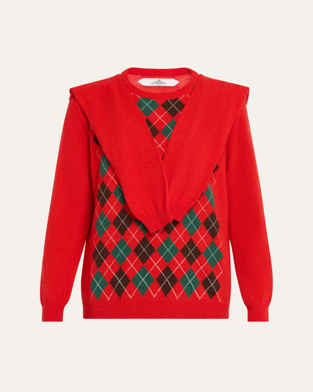 Double-Sleeve Argyle Crewneck Sweater